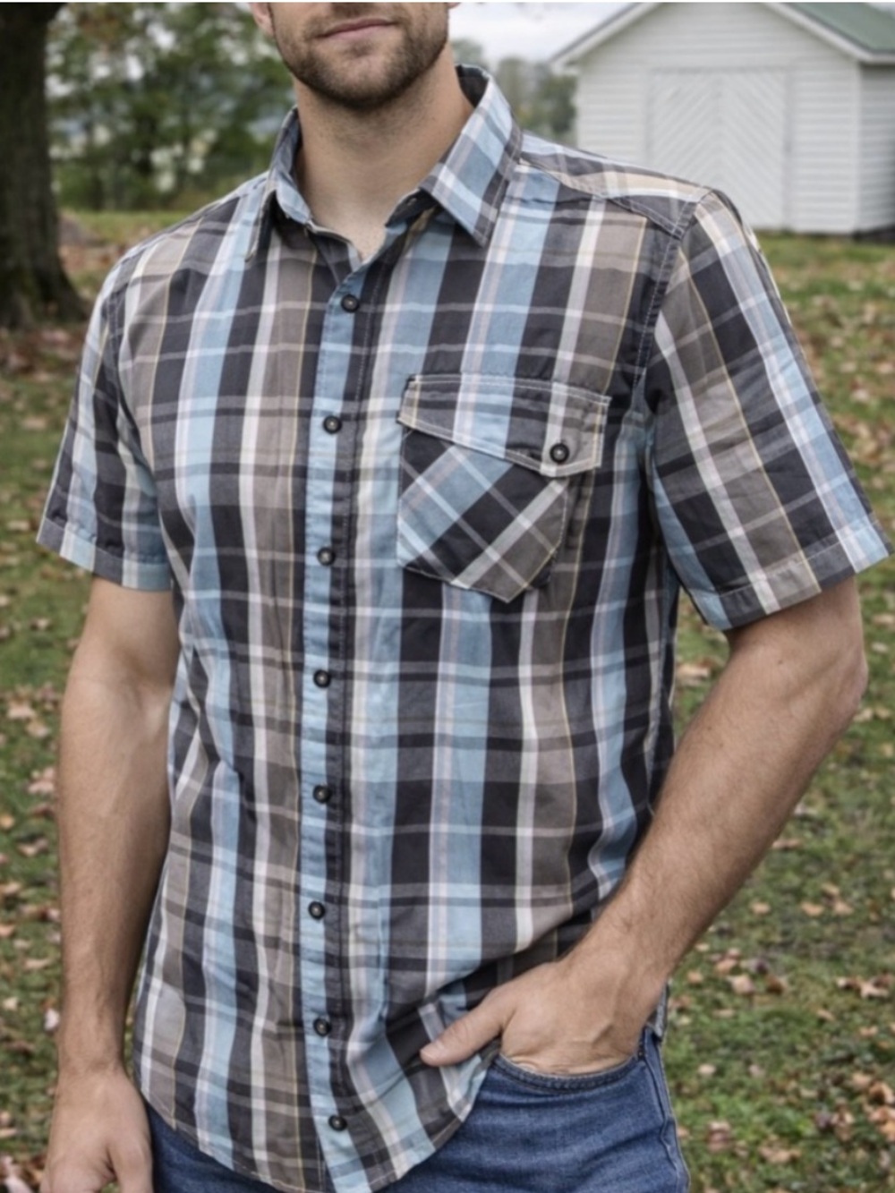 Fox Plaid Blue/Grey/Gold Button-Down S/S Men's Shirt Size Medium